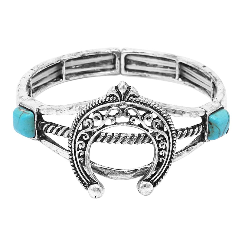 Women's Western Style Semi Precious Turquoise Howlite Stone Squash Blossom Stretch Bracelet, 7"