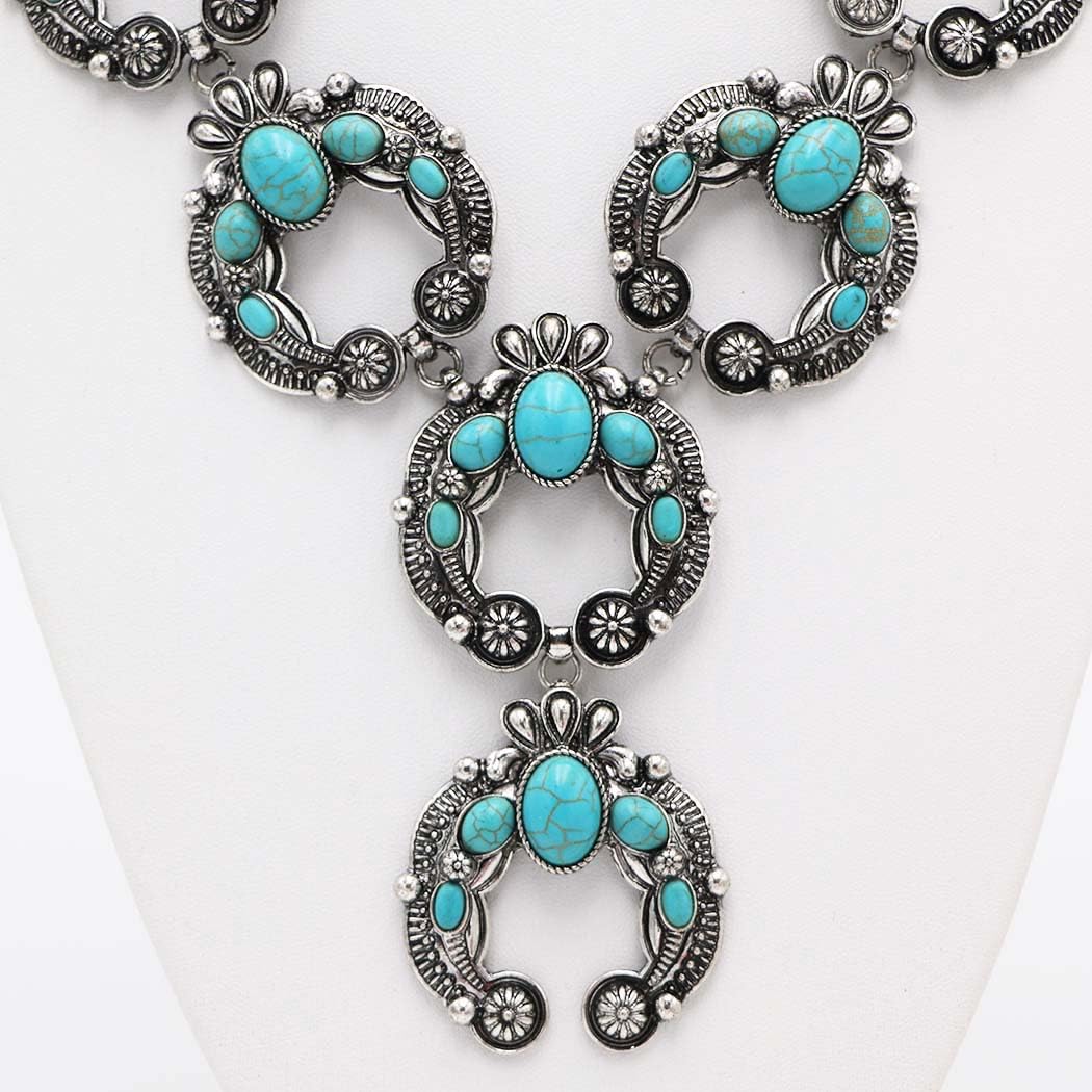 Cowgirl Chic Western Style Colorful Howlite Stone Squash Blossoms Y-Drop Necklace Earrings Set, 24"+3" Extension (Turquoise Howlite)