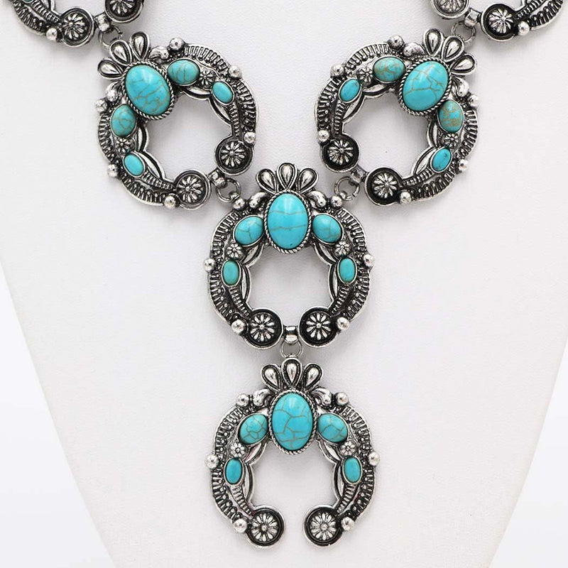 Cowgirl Chic Western Style Colorful Howlite Stone Squash Blossoms Y-Drop Necklace Earrings Set, 24"+3" Extension (Turquoise Howlite)