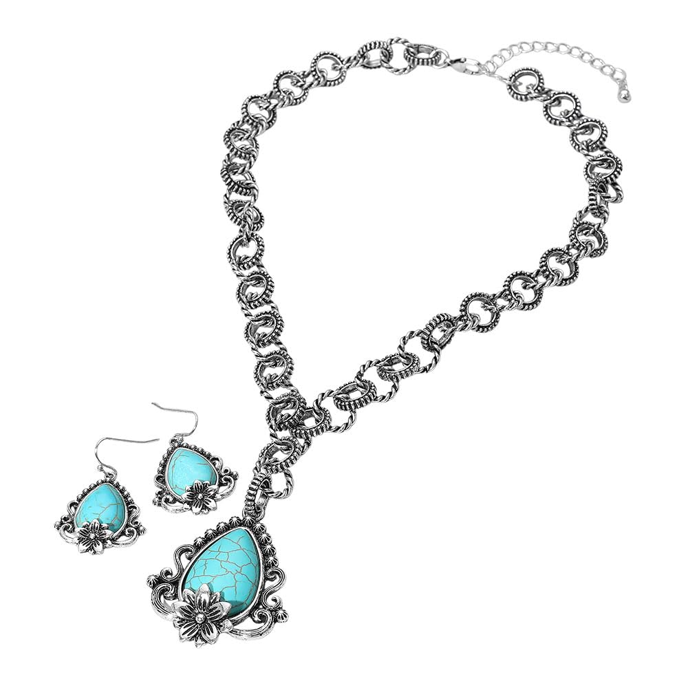 Vintage Style Turquoise Howlite Pendant Necklace, 18 Inch Silver Tone Chain, Floral Design with Ornate Frame