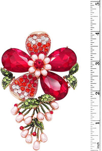 Women's Stunning Crystal Pave Teardrop And Simulated Pearl Flower Brooch, 4" (Red Crystal Gold Tone)