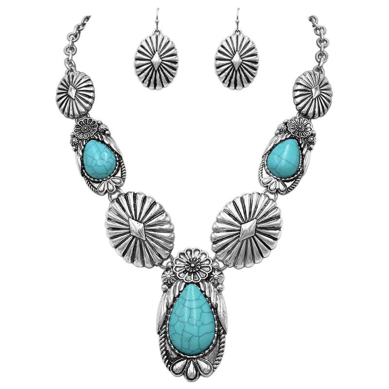 Women's Stunning Statement Vintage Western Style Semi Precious Howlite Stone Necklace Earring Gift Set, 18"+3" Extender (Turquoise Blue)