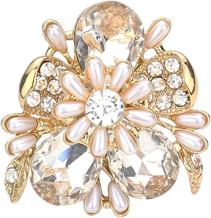 Stunning Statement Crystal Teardrop And Pave Petals With Simulated Pearl Flower Stretch Cocktail Ring, 1.75" (Clear Crystal Gold Tone)