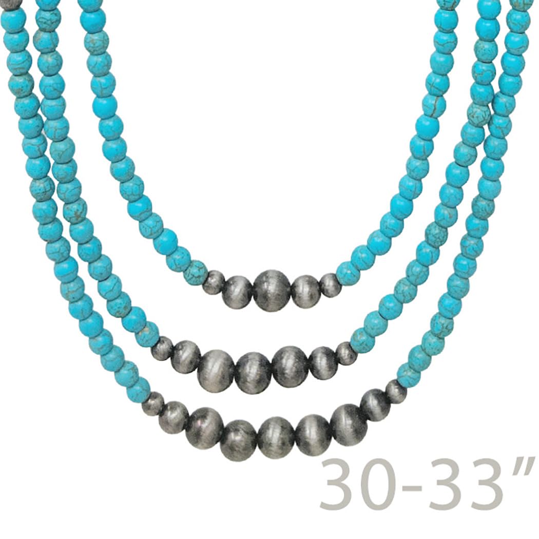 Southwestern Style Three-Strand Turquoise Howlite and Sonic Silver Bead Necklace, Traditional Native American Inspired Design