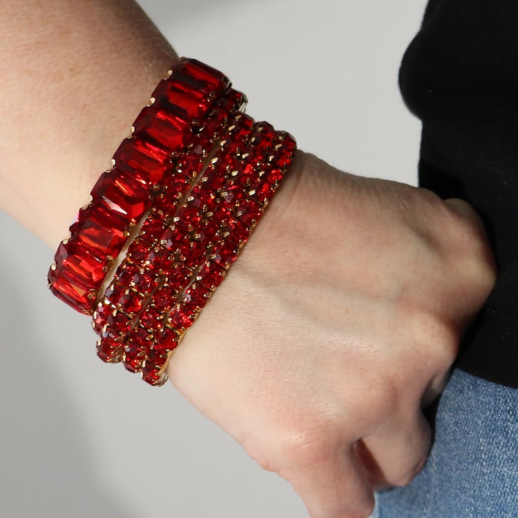 Stunning Statement Bejeweled Set Of 5 Colorful Crystal Rhinestone Stretch Bracelets, 6.75" (Red Crystal Gold Tone)