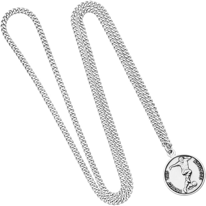 Men's Sterling Silver Saint Christopher Protect This Athlete Sports Medal Pendant Necklace, 24" Soccer