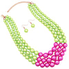 3 Colorful Multi Strands Simulated Pearl Necklace And Earrings Jewelry Gift Set, 18"+3" Extender (Green With Fuchsia Pink Gold Tone)