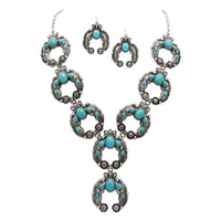 Cowgirl Chic Western Style Colorful Howlite Stone Squash Blossoms Y-Drop Necklace Earrings Set, 24"+3" Extension (Turquoise Howlite)