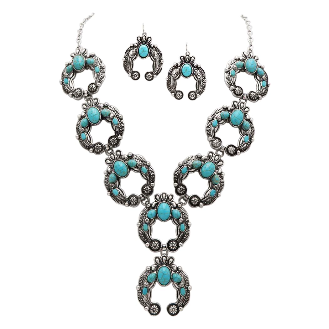 Cowgirl Chic Western Style Colorful Howlite Stone Squash Blossoms Y-Drop Necklace Earrings Set, 24"+3" Extension (Turquoise Howlite)