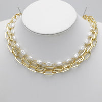 Triple Strand Gold Tone Necklace with Paperclip Chain and Faux Freshwater Pearls, Toggle Clasp, 16-18 Inch