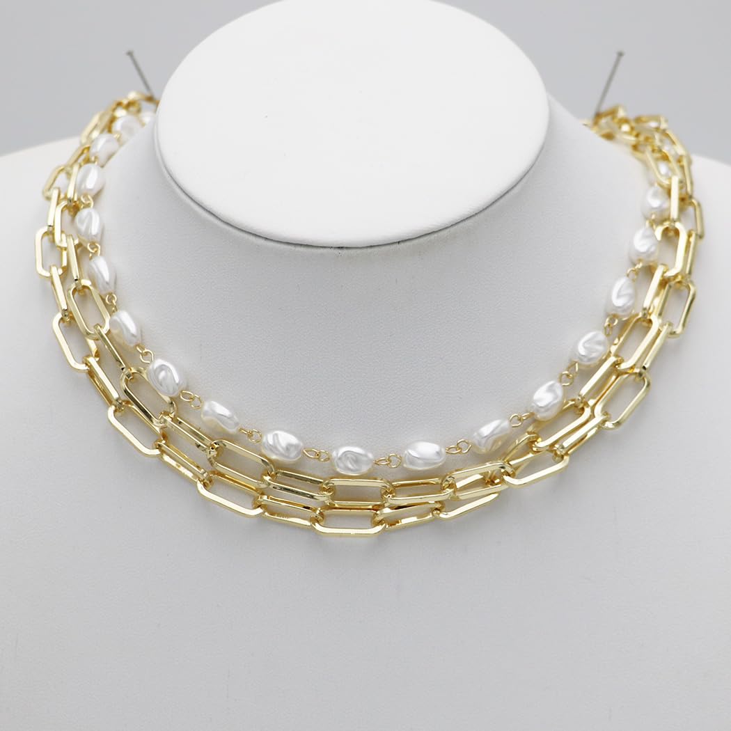 Triple Strand Gold Tone Necklace with Paperclip Chain and Faux Freshwater Pearls, Toggle Clasp, 16-18 Inch