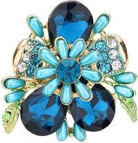 Stunning Statement Crystal Teardrop And Pave Petals With Simulated Pearl Flower Stretch Cocktail Ring, 1.75" (Bright Blue Gold Tone)