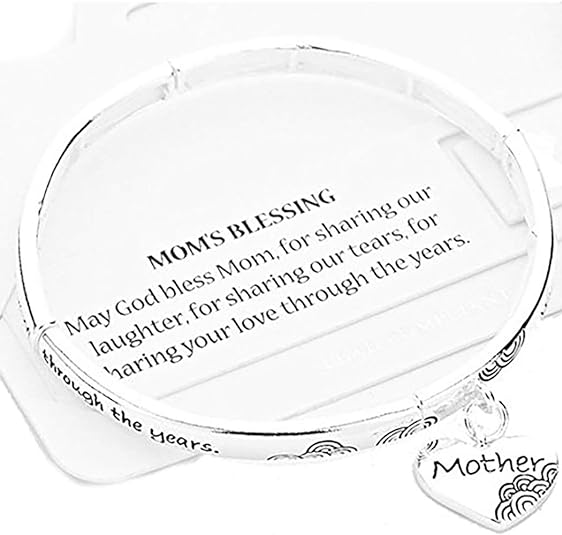 Women's Inspirational Quotes With Dangling Charm Silver Tone Stretch Bangle Bracelet, 2.5" (Mother)