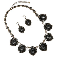 Stunning Emerald Cut Crystals In Burnished Gold Tone Frames Statement Vintage Style Necklace Earrings Set, 18"+3" Extender (Black Diamond)