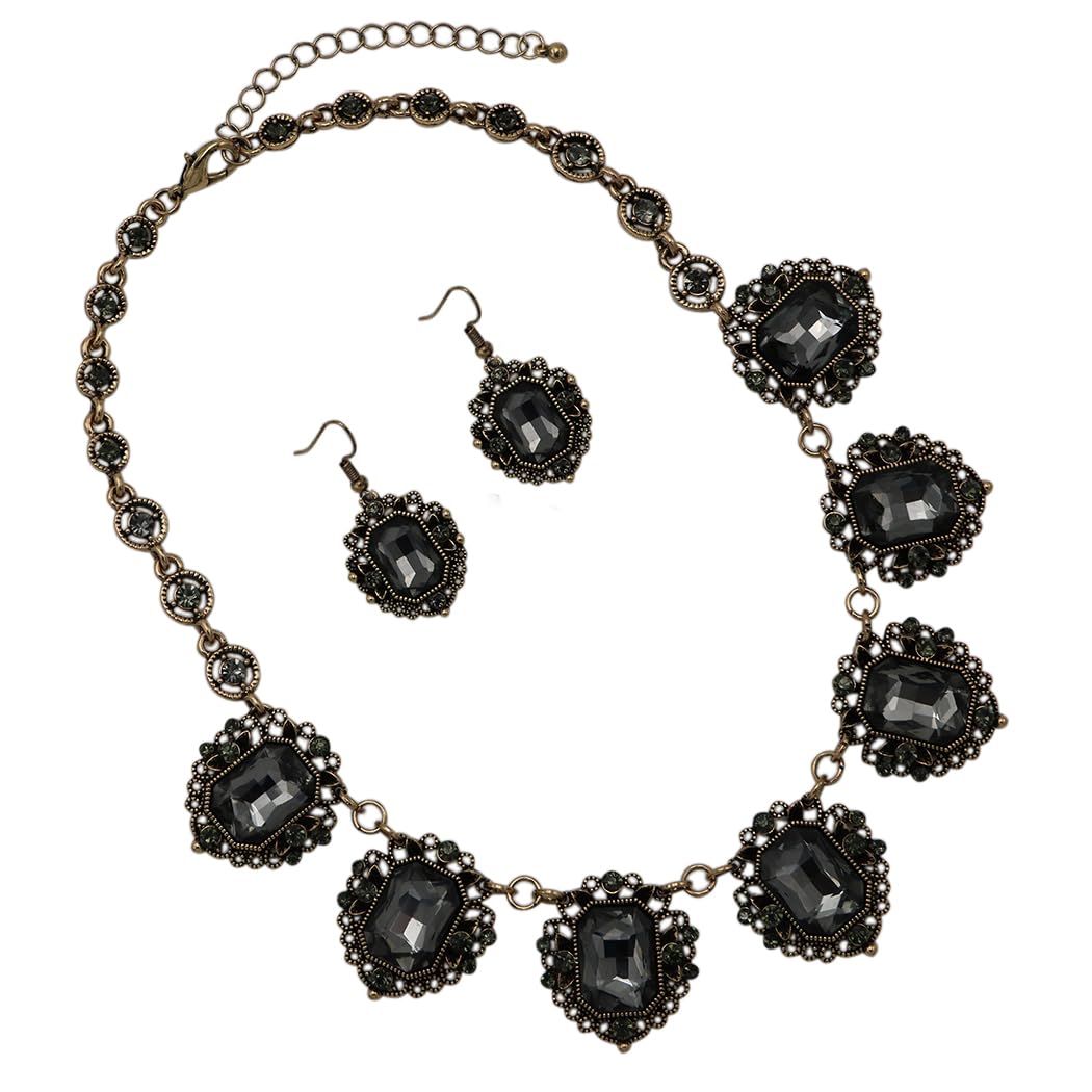 Stunning Emerald Cut Crystals In Burnished Gold Tone Frames Statement Vintage Style Necklace Earrings Set, 18"+3" Extender (Black Diamond)