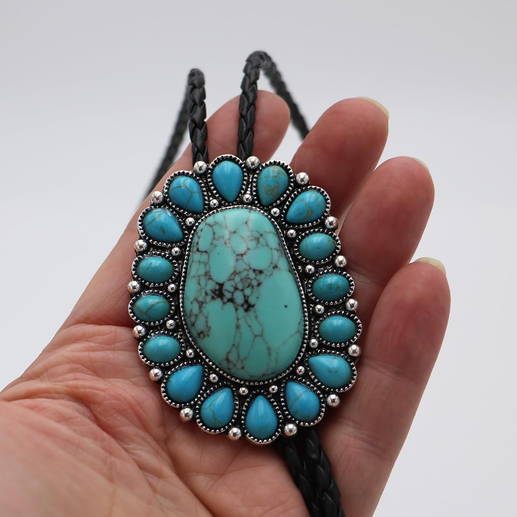 Vintage Western Bolo Tie, Turquoise Howlite Stone Pendant with Silver Tone Accents, Black Braided Faux Leather, 22 Inch