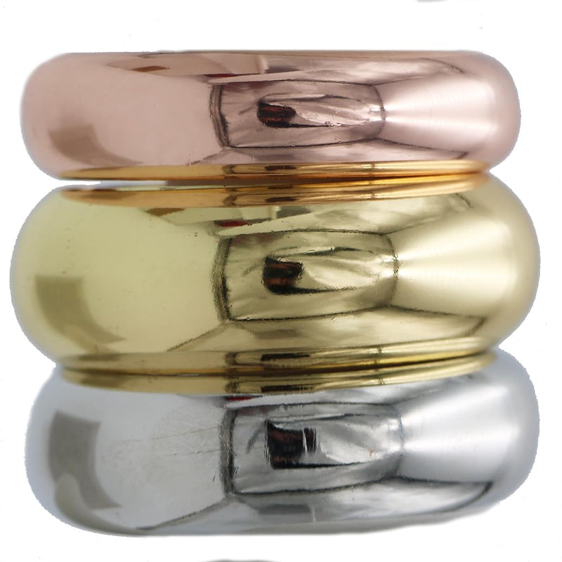 Tri-Color Stacking Bangle Bracelets Set, Rose Gold, Gold and Silver Plated, Round Chunky Design, Thick, Bold and Gold for Med to Large size wrists 3 Piece Set 8.25"