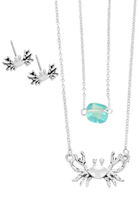 Aqua Stone Whimsical Crab Double Layer Silver Tone Necklace Earrings Set, 16"+3" Extender