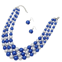 3 Colorful Multi Strands Simulated Pearl Necklace And Earrings Jewelry Gift Set, 18"+3" Extender (Blue White Mix Silver Tone)