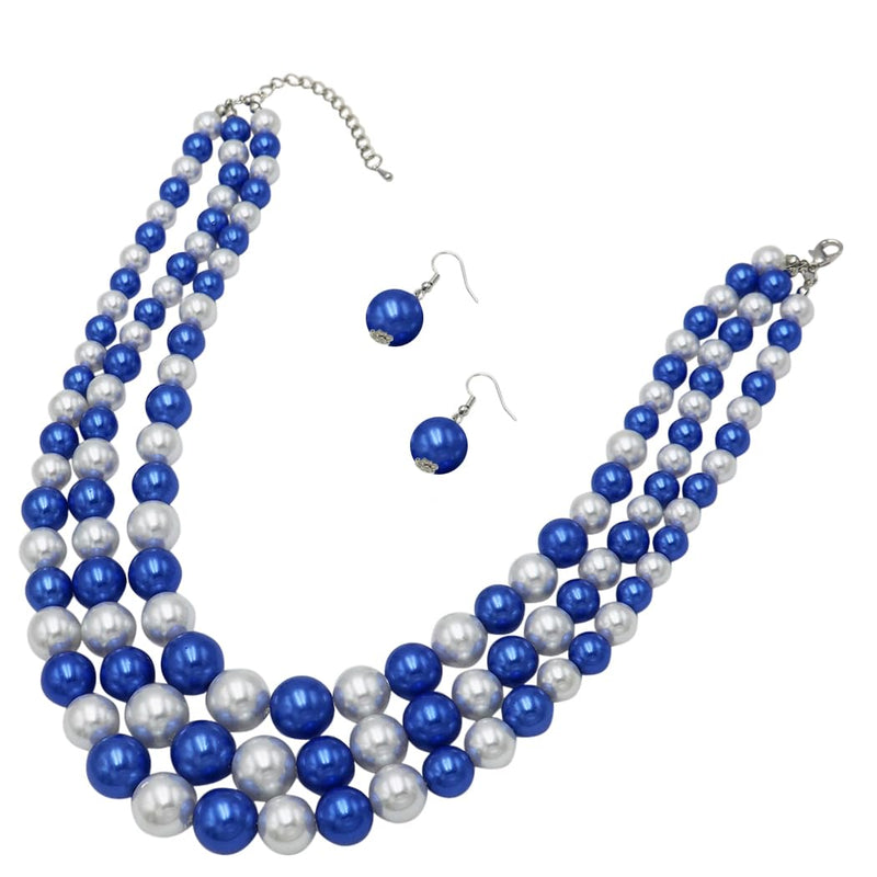 3 Colorful Multi Strands Simulated Pearl Necklace And Earrings Jewelry Gift Set, 18"+3" Extender (Blue White Mix Silver Tone)