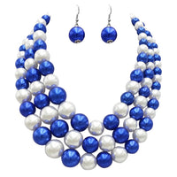 3 Colorful Multi Strands Simulated Pearl Necklace And Earrings Jewelry Gift Set, 18"+3" Extender (Blue White Mix Silver Tone)