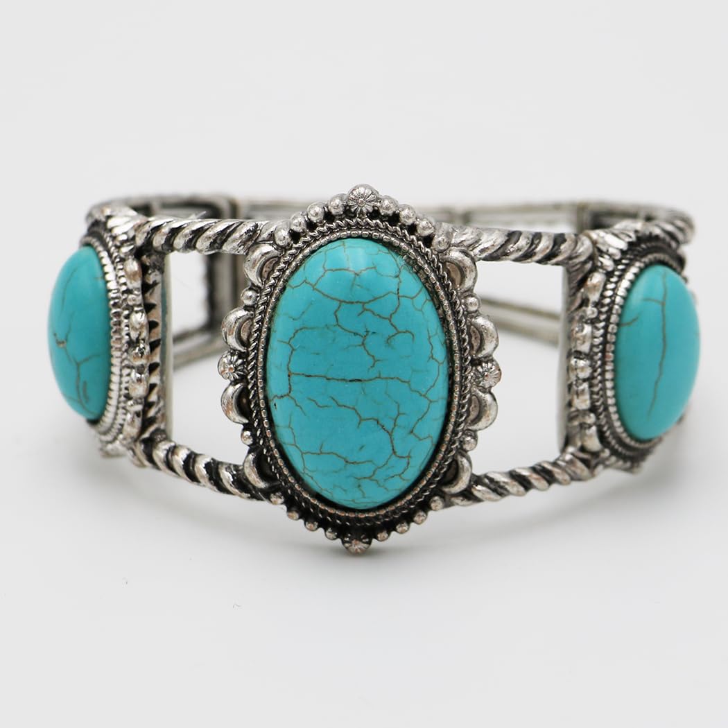 Cowgirl Chic Western Style Burnished Silver Tone Turquoise Blue Conchos Stretch Bracelet, 7"