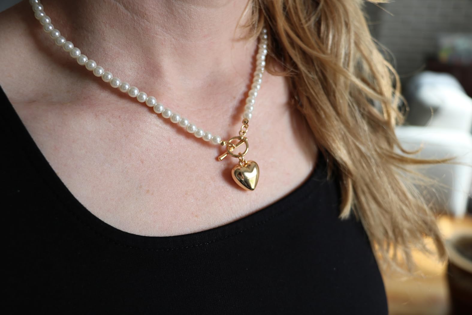 Stunning 18K Gold Dipped Puffy Heart Charm and Toggle Clasp With Faux Pearls Necklace, 18"