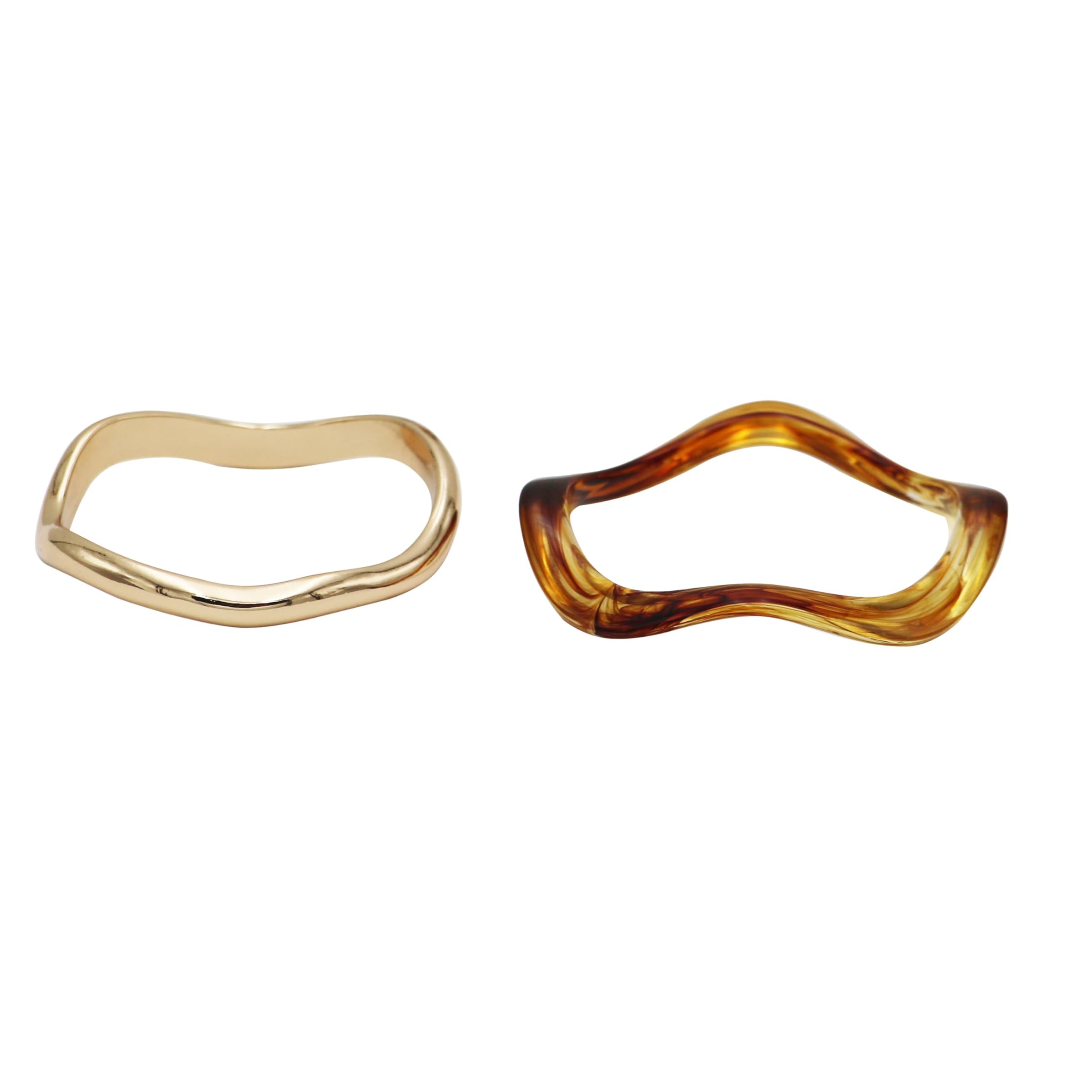 Wavy Wave Design Bangle Bracelet Set, Amber and Gold Tone, 7.5 Inch Wrist Size, 2 Piece Set