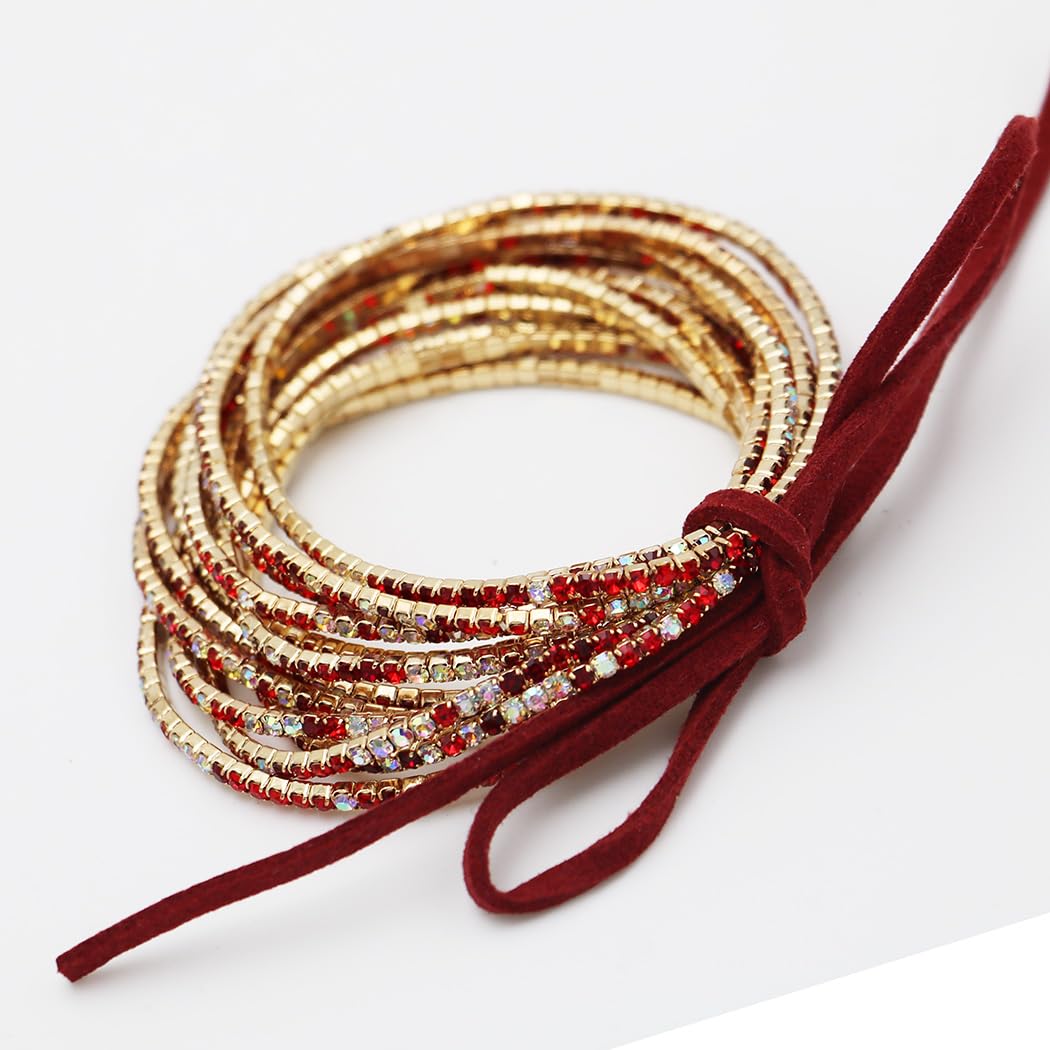 Crystal Rhinestone Stretch Bracelets, Stacking Style, Set of 12, 6.75 Inch (Gold Tone Verigated Red w/AB)
