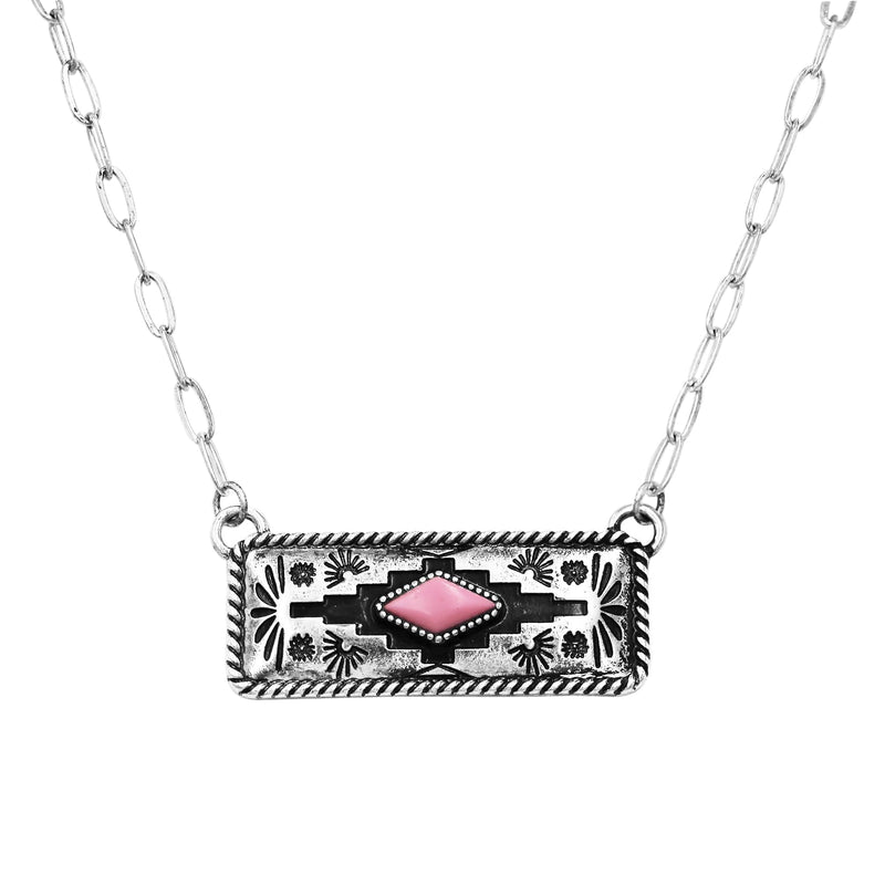 Women's Cowgirl Chic Western Semi Precious Howlite Stone Bar Jewelry (Pink Howlite Aztec Pattern Necklace, 18"+3" extender)