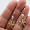 Gold Starfish Drop Earrings, 1 Inch Dangle, Beach Theme Jewelry with Pearl Accent