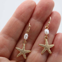 Gold Starfish Drop Earrings, 1 Inch Dangle, Beach Theme Jewelry with Pearl Accent