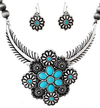Western Necklace and Earring Set, Metallic Pearl Beads, Flower And Feather Design With Turquoise Howlite Stones
