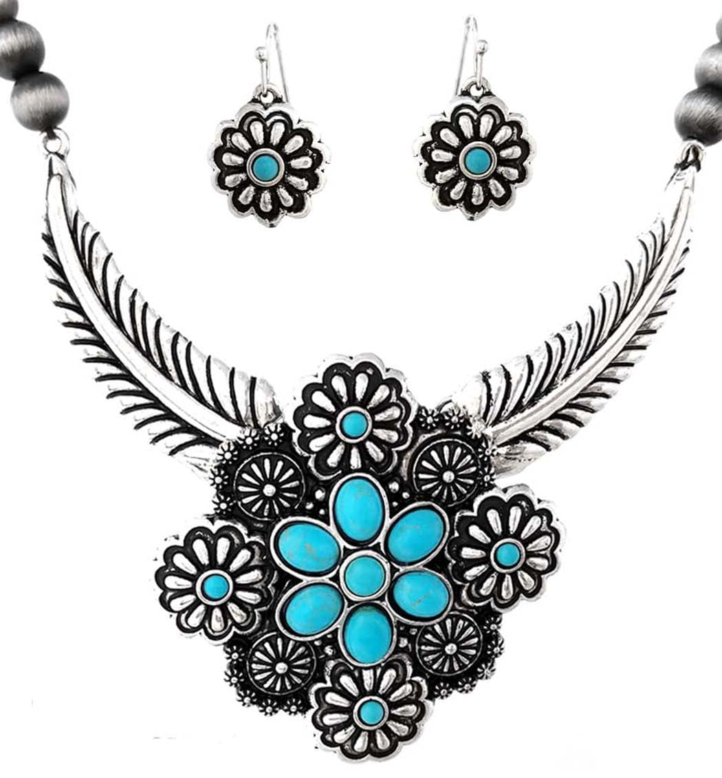 Western Necklace and Earring Set, Metallic Pearl Beads, Flower And Feather Design With Turquoise Howlite Stones