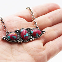 Vintage Style Necklace with Simulated Spiny Oyster Stone, Silver Chain, 18 Inch Length