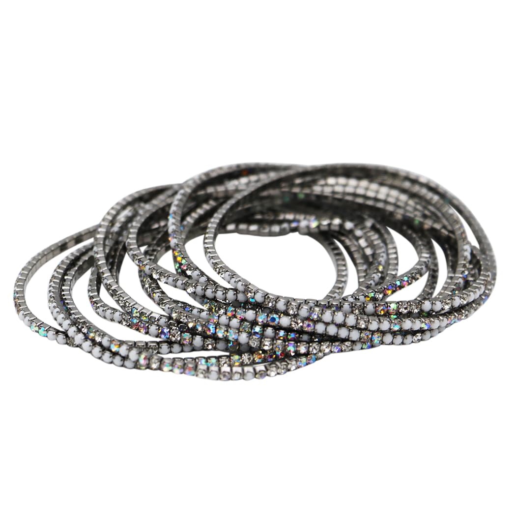 Crystal Rhinestone Stretch Bracelets, Stacking Style, Set of 12, 6.75 Inch (Hematite Matte White w AB)