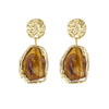 Gold Plated Drop Earrings, Hammered Irregular Design with Amber Brown Resin, 2 x 0.88 Inches