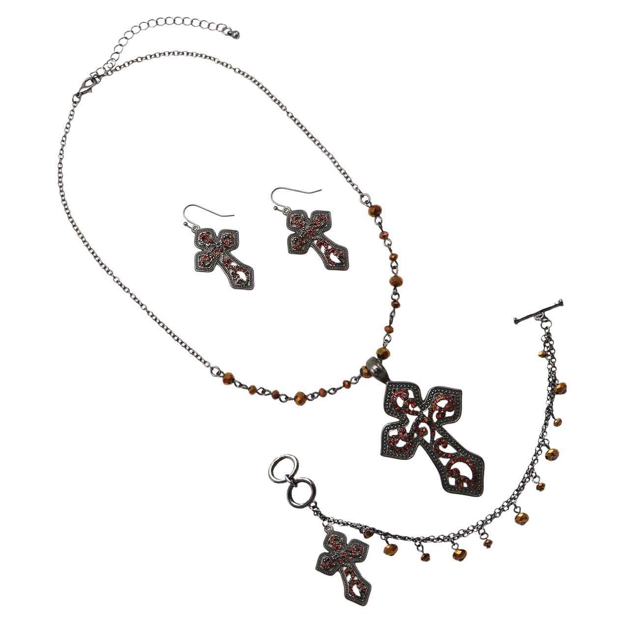 Stunning Vintage Vibes Orange Topaz Crystal Rhinestone Christian Passion Cross Hematite Tone Easter Gift Jewelry (3pc Set)