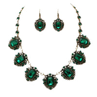 Stunning Emerald Cut Crystals In Burnished Gold Tone Frames Statement Vintage Style Necklace Earrings Set, 18"+3" Extender (Emerald Green)