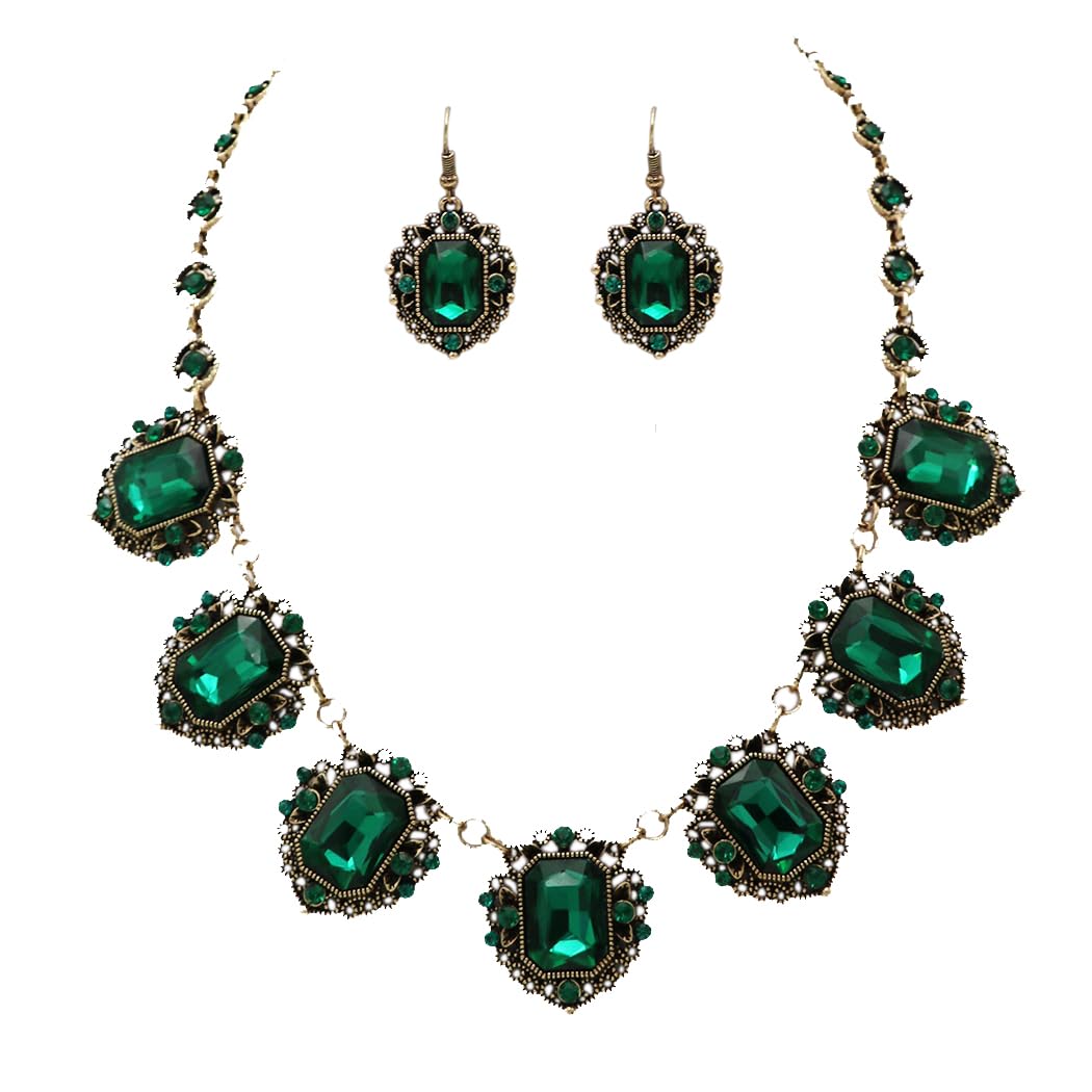 Stunning Emerald Cut Crystals In Burnished Gold Tone Frames Statement Vintage Style Necklace Earrings Set, 18"+3" Extender (Emerald Green)