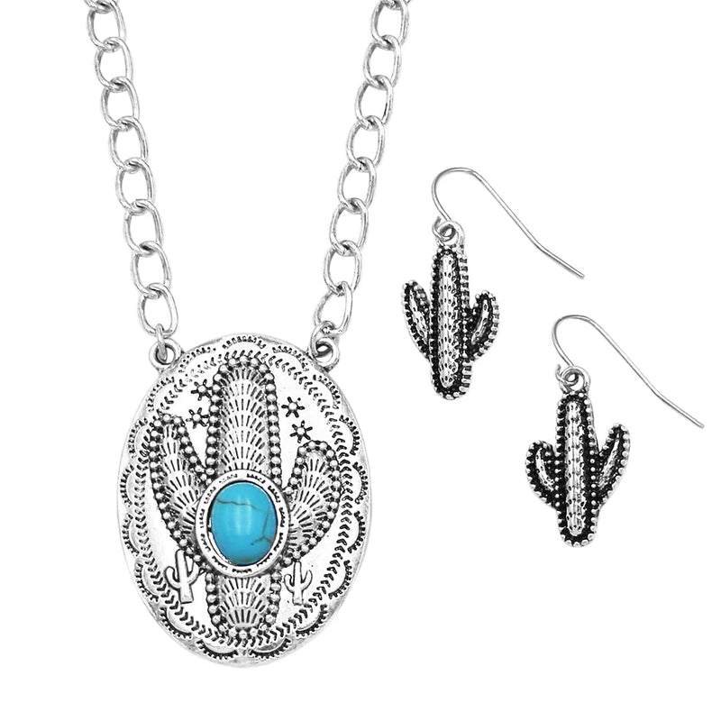 Women's Western Style Semi Precious Turquoise Blue Howlite Stone Textured Metal Cactus Jewlery Pieces (Pendant Necklace Earrings Set, 18"+3" Extender)
