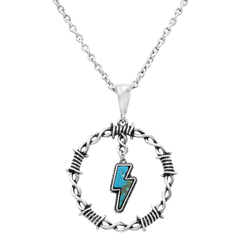Women's Western Style Lightning Bolt With Colorful Turquoise Blue Semi Precious Natural Howlite Stone Circle Pendant Necklace, 18"+3" Extender