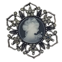 Stunning Oversized Crystal Rhinestone Victorian Cameo Statement Brooch Pin, 2.5" (Black Flower Frame)