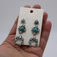 Western Cowgirl Earrings Set, 3 Pairs, Turquoise Howlite and AB Crystal Rhinestone, Silver-Tone