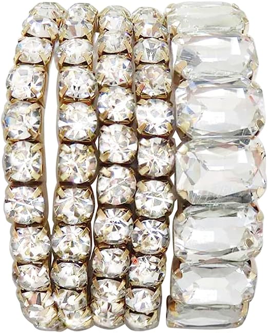 Stunning Statement Set Of 5 Colorful Crystal Rhinestone Stretch Bracelets, 6.75" (Clear Crystal Gold Tone)
