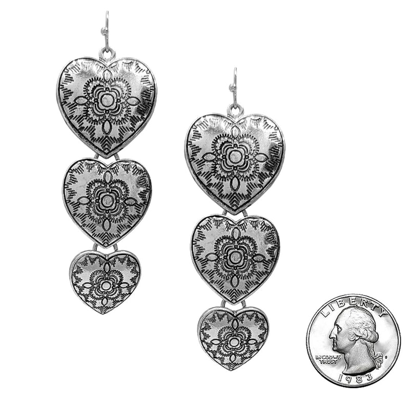 Etched Tripple Heart Dangle Earrings