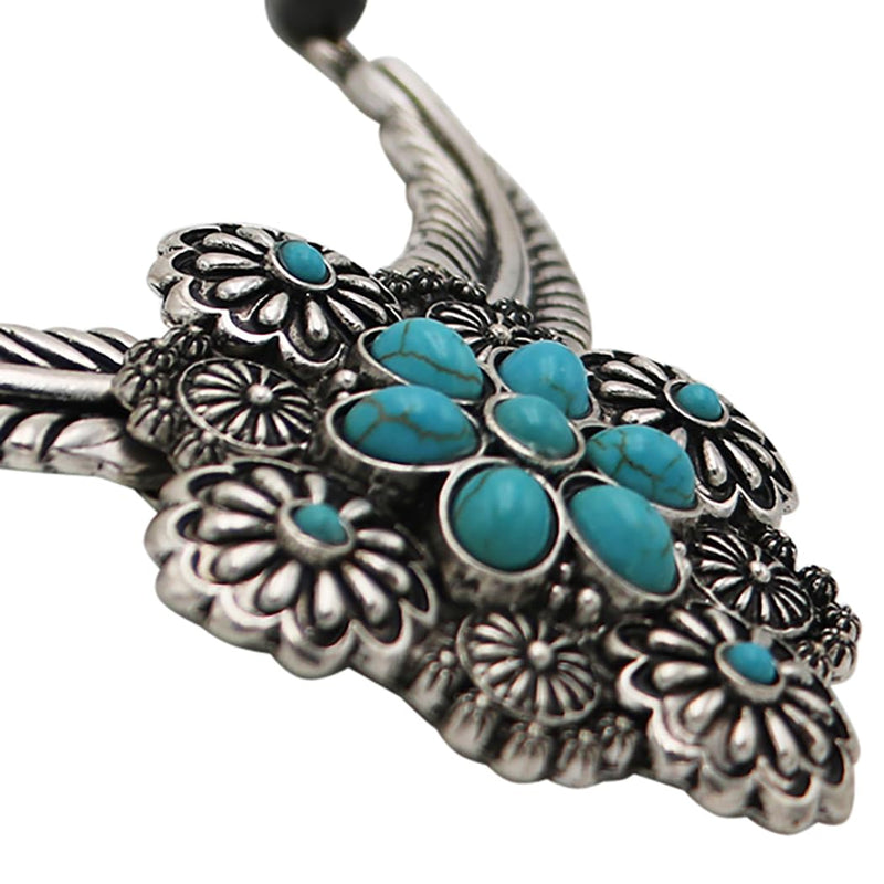 Western Necklace and Earring Set, Metallic Pearl Beads, Flower And Feather Design With Turquoise Howlite Stones