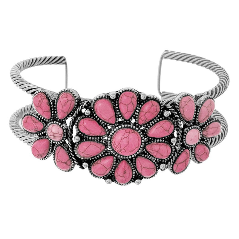 Women's Cowgirl Chic Western Style Burnished Silver Tone Conchos On Open Cuff Bracelet, 7" (Pink Howlite Stone Flower)