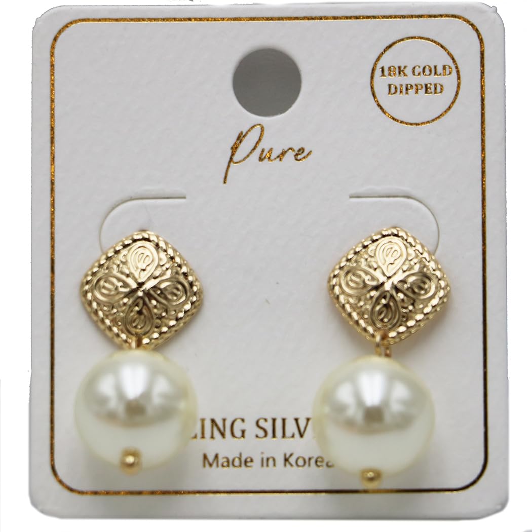 Chic 18k Gold Dipped Classic Earrings with Sterling Silver Posts (Pearl Dangle 1")