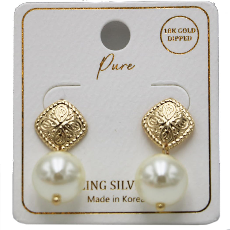 Chic 18k Gold Dipped Classic Earrings with Sterling Silver Posts (Pearl Dangle 1")